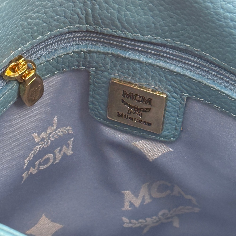 MCM Blue Pebbled Leather Studded Flap Crossbody Messenger Hobo Bag Gold Hardware - Picture 12 of 16